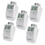 Homematic IP Heizkörperthermostat Digital 5er-Set 140280A0. Weiße, zylindrische Thermostate zur digitalen Raumtemperaturregelung an Heizkörpern.