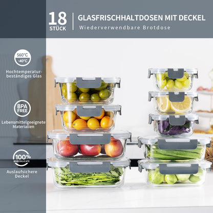 GENICOOK Glas-Frischhaltedosen Set 18-teilig, luftdicht, BPA-frei