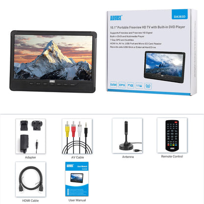 August DA383 Tragbarer 10-Zoll-HD-Fernseher mit DVD-Player und Akku