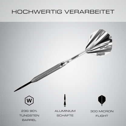 Champify Blizzard Steeldarts Set 23g 90% Tungsten mit Darttasche