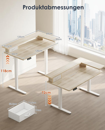 OffiGo Elektr. Steh-Sitz Schreibtisch 120x60cm Maple USB Schublade