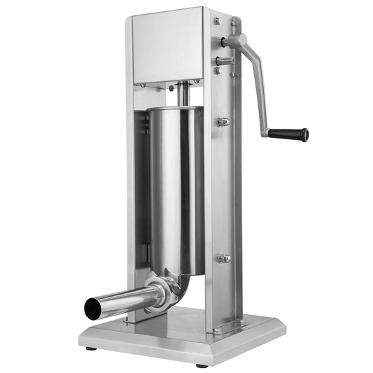 Zelsius Profi Wurstfüllmaschine Edelstahl 5 Liter - Silber. Silberne, zylindrische Maschine zum Füllen von Wursthüllen mit Brät.