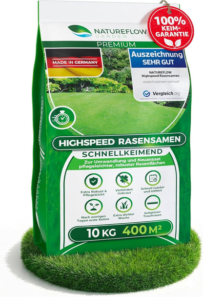 Natureflow Rasensamen schnellkeimend 10 kg für 400 m² Rasenfläche – Grassamen-Mischung für Neuansaat und Nachsaat