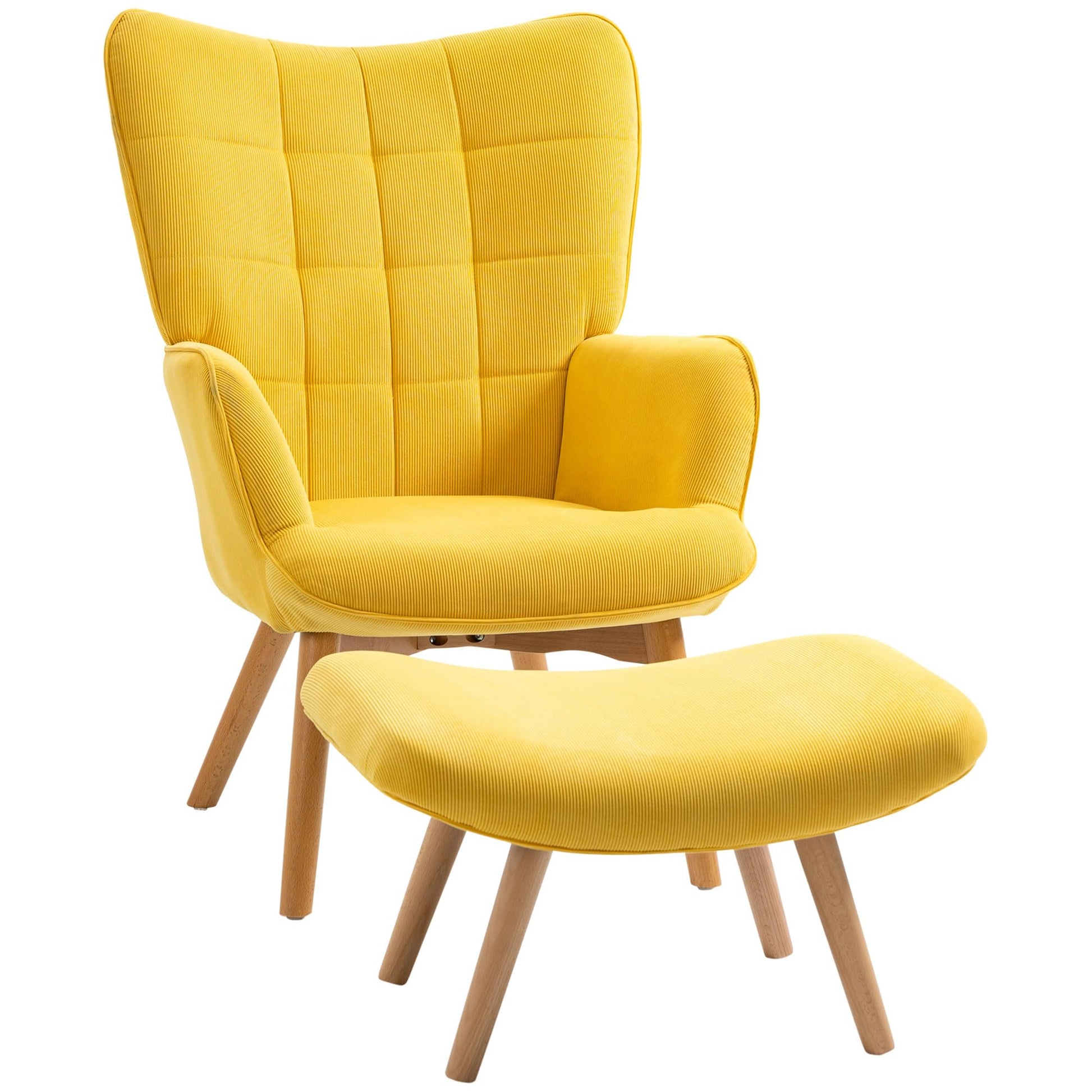 HOMCOM Ohrensessel Hocker Set, Cord-Optik, Gelb. Gelber Ohrensessel und Hocker in Cord-Optik für Entspannung.