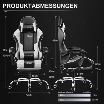 GTPLAYER Gaming & Bürostuhl ergonomisch mit Fussstütze - Weiss