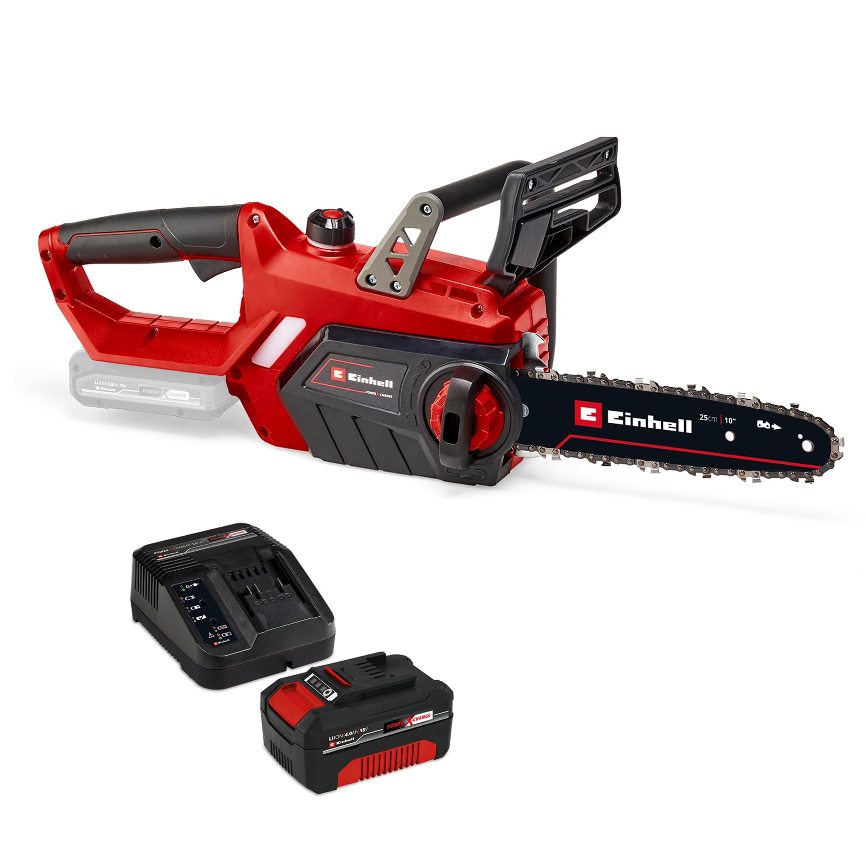 Einhell GE-LC 18 Li Power X-Change Akku-Kettensäge – 25cm Set 4Ah. Rot-schwarzes Modell mit 25cm Schwert zum Baum- und Holzschnitt.