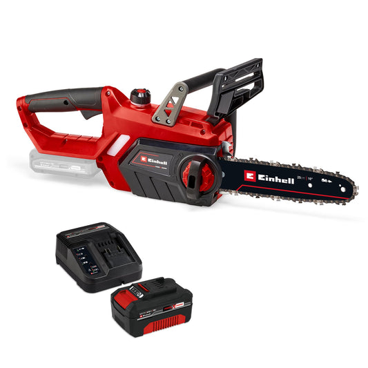 Einhell GE-LC 18 Li Power X-Change Akku-Kettensäge – 25cm Set 4Ah. Rot-schwarzes Modell mit 25cm Schwert zum Baum- und Holzschnitt.