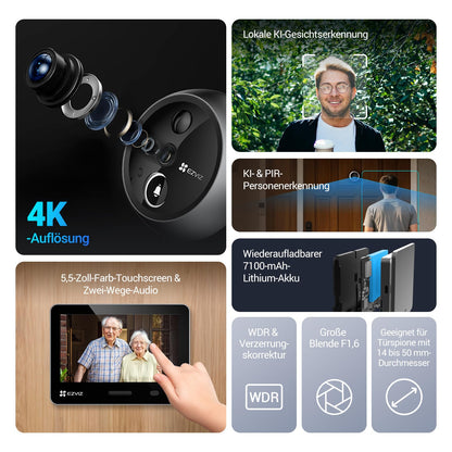 EZVIZ EP4 WLAN Türspion mit 4K Kamera, 5,5-Zoll-Display, Silber