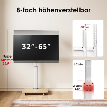 AOKCOS TV Ständer rollbar mit Holzablage für 32-65 Zoll, Weiss/Natur