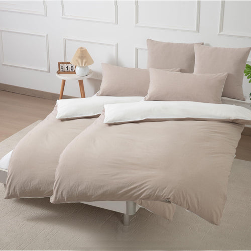 Nesture Bettwäsche Set 135x200 cm Baumwolle 4-teilig Beige/Weiss, gewaschener Stoff mit Reissverschluss