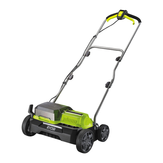 RYOBI ONE+ Brushless Akku-Vertikutierer 35cm solo, grün-schwarz, mit Führungsholm. Vertikutiert Rasen, entfernt Moos und Filz.