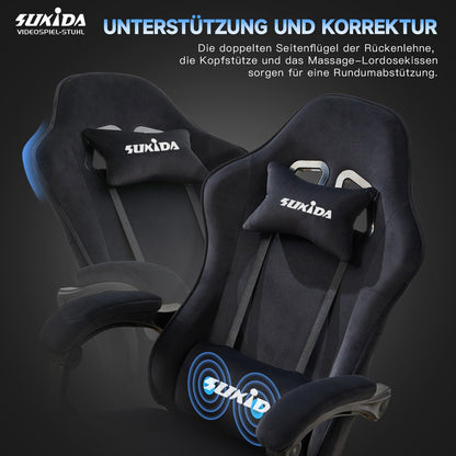 SUKIDA Gaming-Stuhl aus Stoff, ergonomisch, mit Fussstütze, schwarz