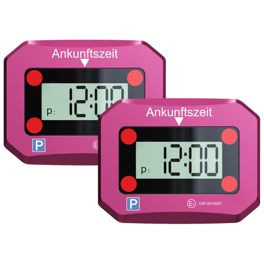 VENTON Elektronische Digitale Parkscheibe - Rosa mit Zusatzbatterie. Rechteckige, rosa Digital-Parkscheibe, zeigt Ankunftszeit beim Parken an.