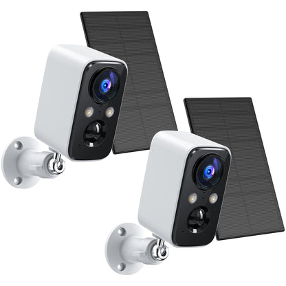 FOAOOD Überwachungskamera aussen - Akku/Solar, 2er Set weiss: Zwei weiße Outdoor-Kameras für autarke Außenüberwachung.