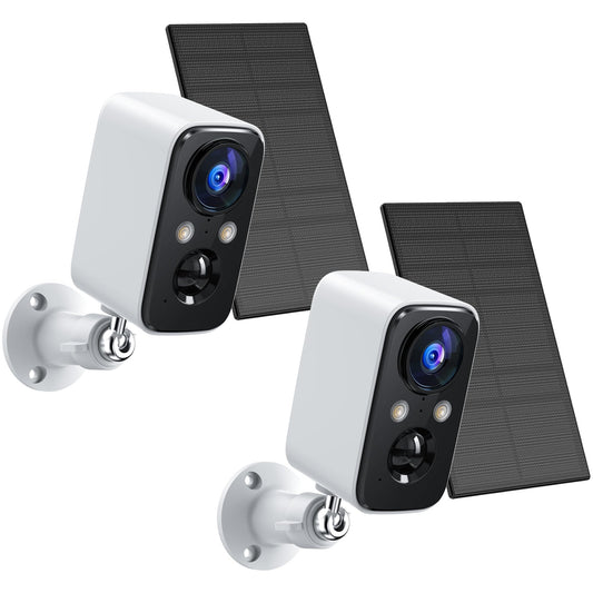FOAOOD Überwachungskamera aussen - Akku/Solar, 2er Set weiss: Zwei weiße Outdoor-Kameras für autarke Außenüberwachung.