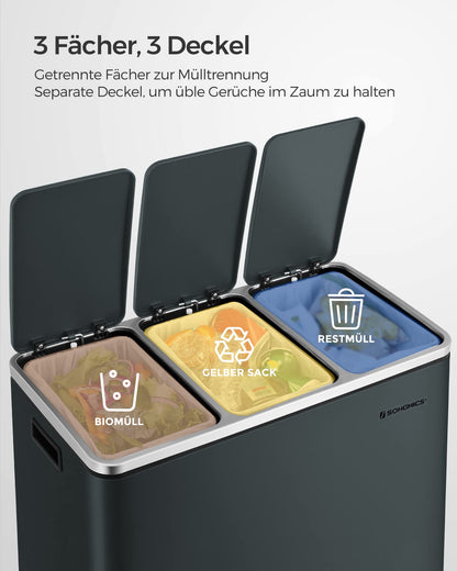SONGMICS LTB54GS Mülleimer Küche, 3 x 18 L Treteimer, grüngrau