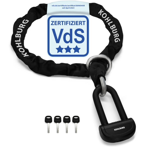 KOHLBURG Alcatraz Motorrad Sicherheits Kettenschloss - 150cm VdS. Stabile schwarze Kettenglieder, 150cm lang, sichern Motorräder.