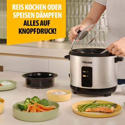 Tristar RK-6145 Reiskocher mit Dampfgaraufsatz, 1,5 L, Edelstahl