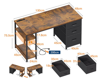 Coleshome Schreibtisch 130x48cm - Braun, Stoffschubladen, Steckdosen