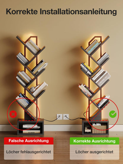Coleshome Bücherregal Baumform mit Lichtband, 6 Ebenen, Schwarz