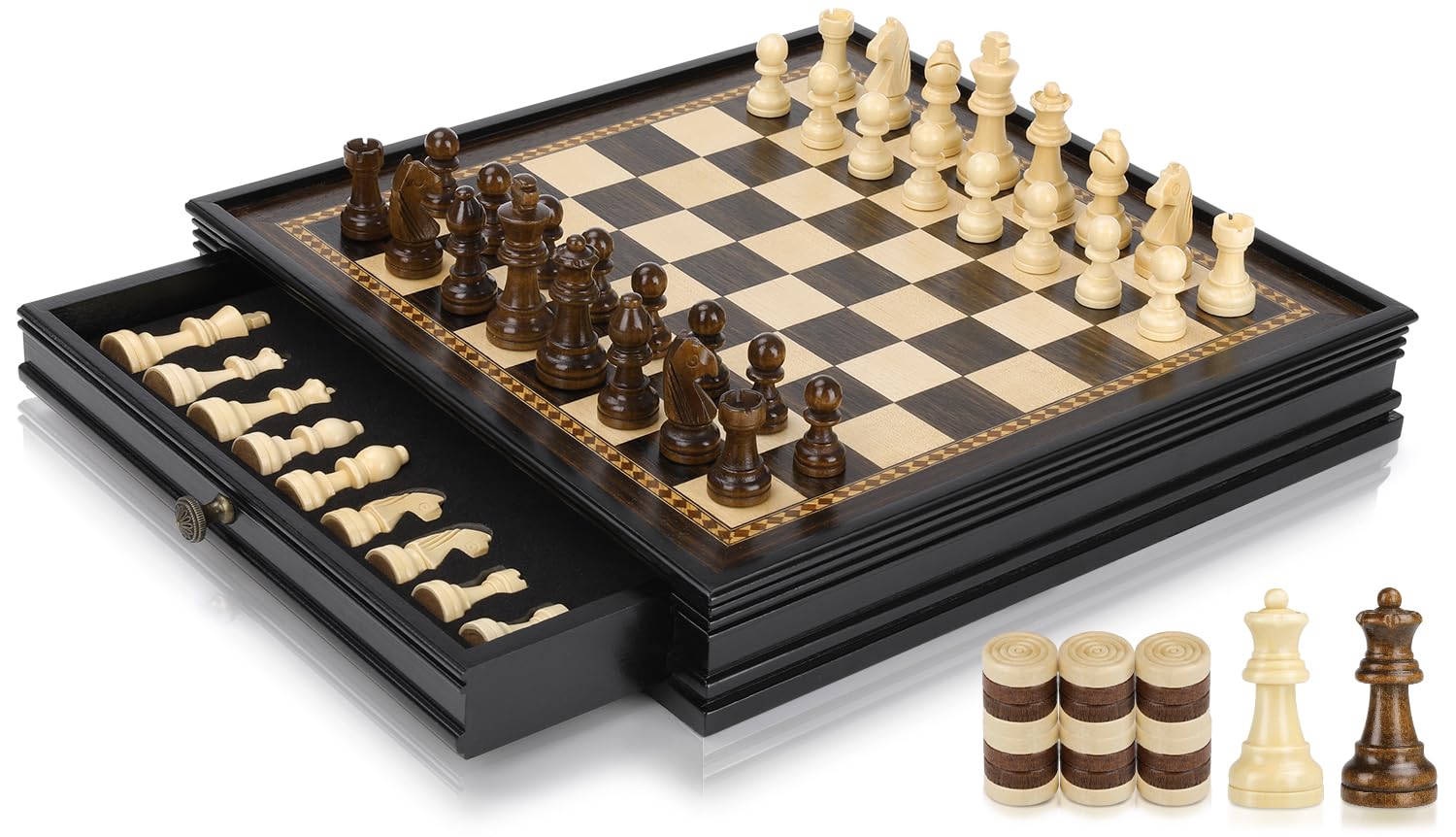 Peradix 2in1 Schach & Dame Holzspiel – magnetisch, 32cm. Quadratisches Holzspielbrett mit Figuren. Ermöglicht Schach- und Damepartien.