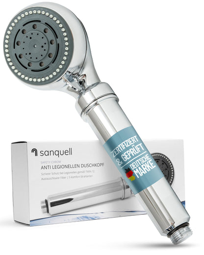 Legionellenfilter Duschkopf Safety für sicheres Duschen - Chrom. Chrom-Duschkopf, filtriert Legionellen aus dem Duschwasser.