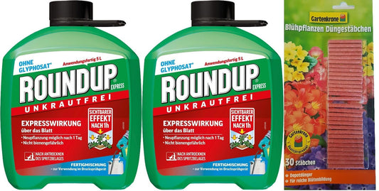 Roundup EXPRESS Unkrautvernichter – Fertigmischung 2 x 5L. Zwei grüne Kanister zur Fertiganwendung gegen Unkraut.