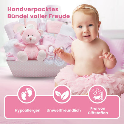 Baby Box Shop Baby-Geschenkset Mädchen, 14-teilig, mit Teddybär