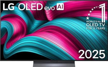 LG OLED55C5ELB 55 Zoll 4K OLED evo AI Smart TV. Rechteckiger, schwarzer Bildschirm. Zeigt 4K OLED Inhalte, bietet KI-Smart-Funktionen.