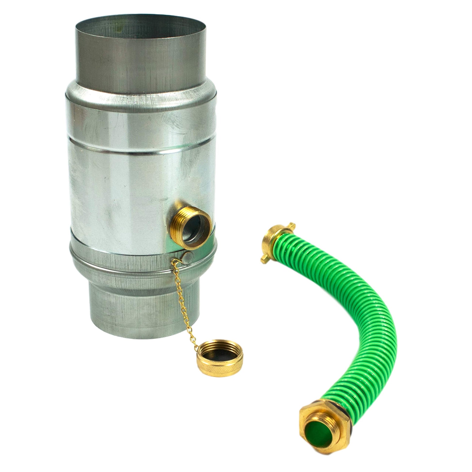 Titanzink Regensammler für Fallrohr - 100 mm mit Fassanschluss. Grauer, zylindrischer Sammler, der Regenwasser vom Fallrohr in eine Regentonne leitet.