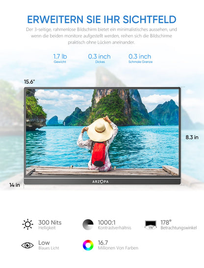 ARZOPA Tragbarer Monitor - 15.6 Zoll 1080 Full HD HDR