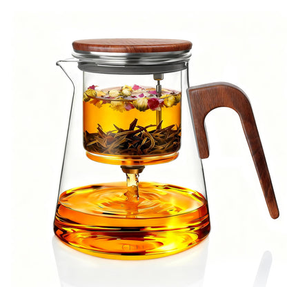 ZENS Magic Teekanne aus Glas mit Sieb und Magnetdeckel, 800 ml, Griff aus Walnussholz