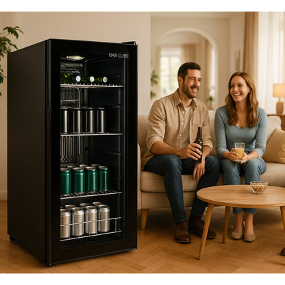 CUBES Getränkekühlschrank 90L Flaschenkühlschrank mit Glastür – Schwarz
