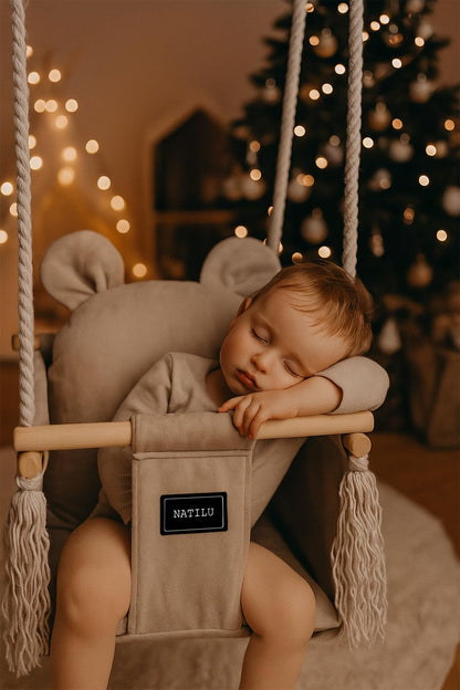 NATILU Bär Light Beige Velvet Babyschaukel - Indoor Outdoor