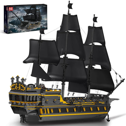 Mould King Black Pearl Piratenschiff Klemmbausteine Bausatz 13186, schwarzes Segelschiff zum Bau eines detaillierten Modells.