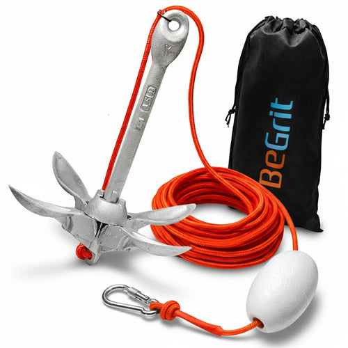 BeGrit Faltanker 1,5 kg Ankerset mit 10 m Ankerleine für Boot und SUP, vier Ankerarme, Silber