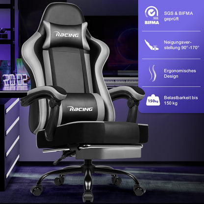 minnouat Gaming Stuhl ergonomisch mit Fussstütze, Kunstleder, Grau