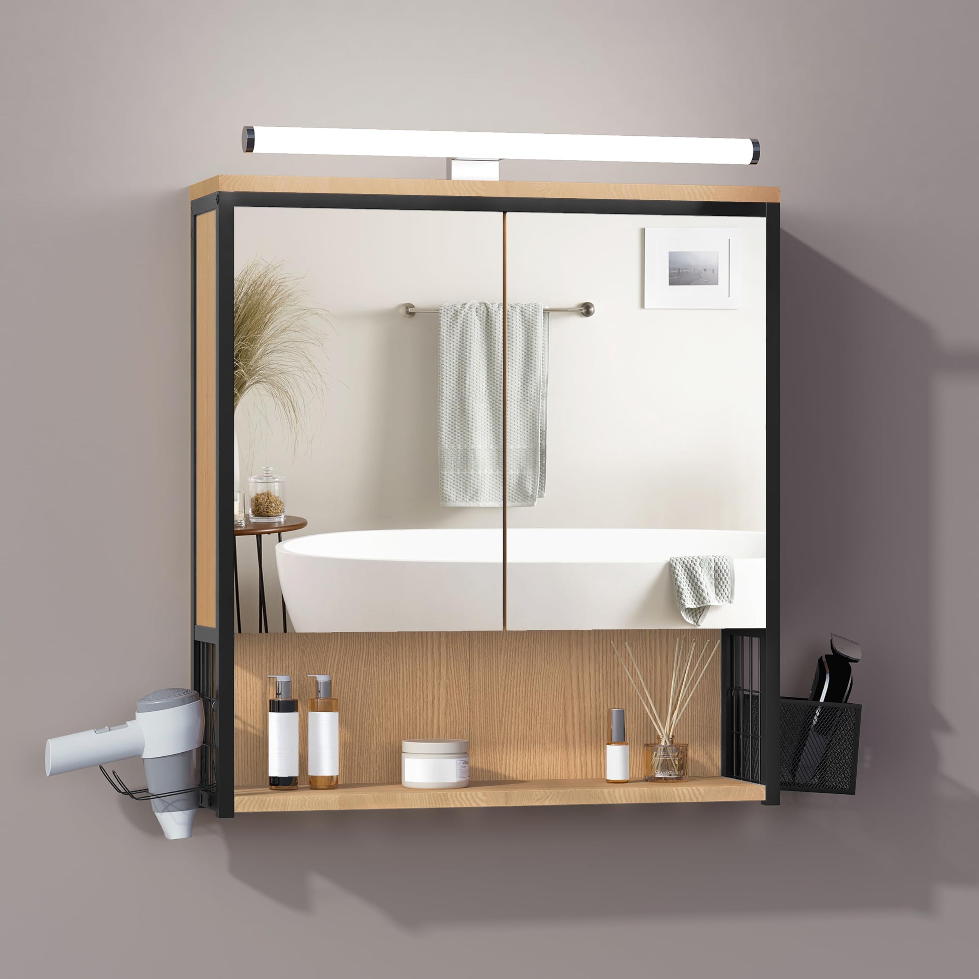 EUGAD Spiegelschrank mit LED-Beleuchtung, schwarz + helle Eiche aus Metall und MDF, hängend