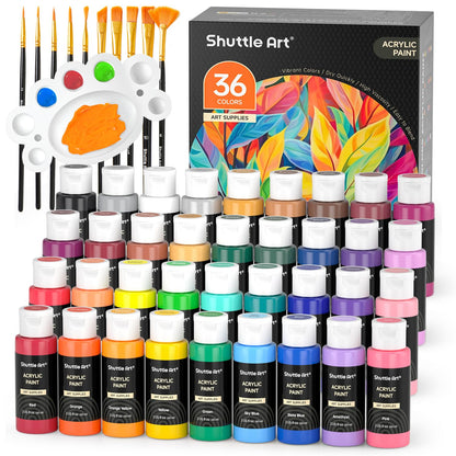 Shuttle Art Acrylfarben Set, 36 Farben à 60 ml mit Pinseln und Palette