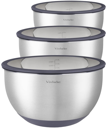 Winzbacher Schüssel Set aus Edelstahl mit Glasdeckel, 3-teilig – drei runde Schüsseln mit transparenten Deckeln