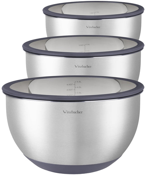 Winzbacher Schüssel Set aus Edelstahl mit Glasdeckel, 3-teilig – drei runde Schüsseln mit transparenten Deckeln