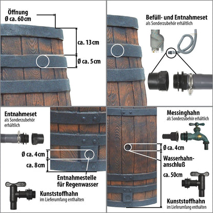 AMUR Regentonne Eichenfass 450 L mit Deckel und Auslaufhahn, braun