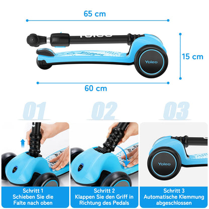 YOLEO Kinderroller Dreiradscooter mit Leuchträdern, faltbar, blau