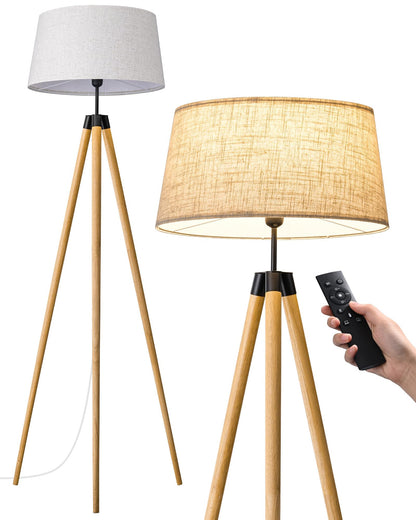 EDISHINE Stehlampe Dimmbar - Boho Holzstativ Leinen & Fernbedienung