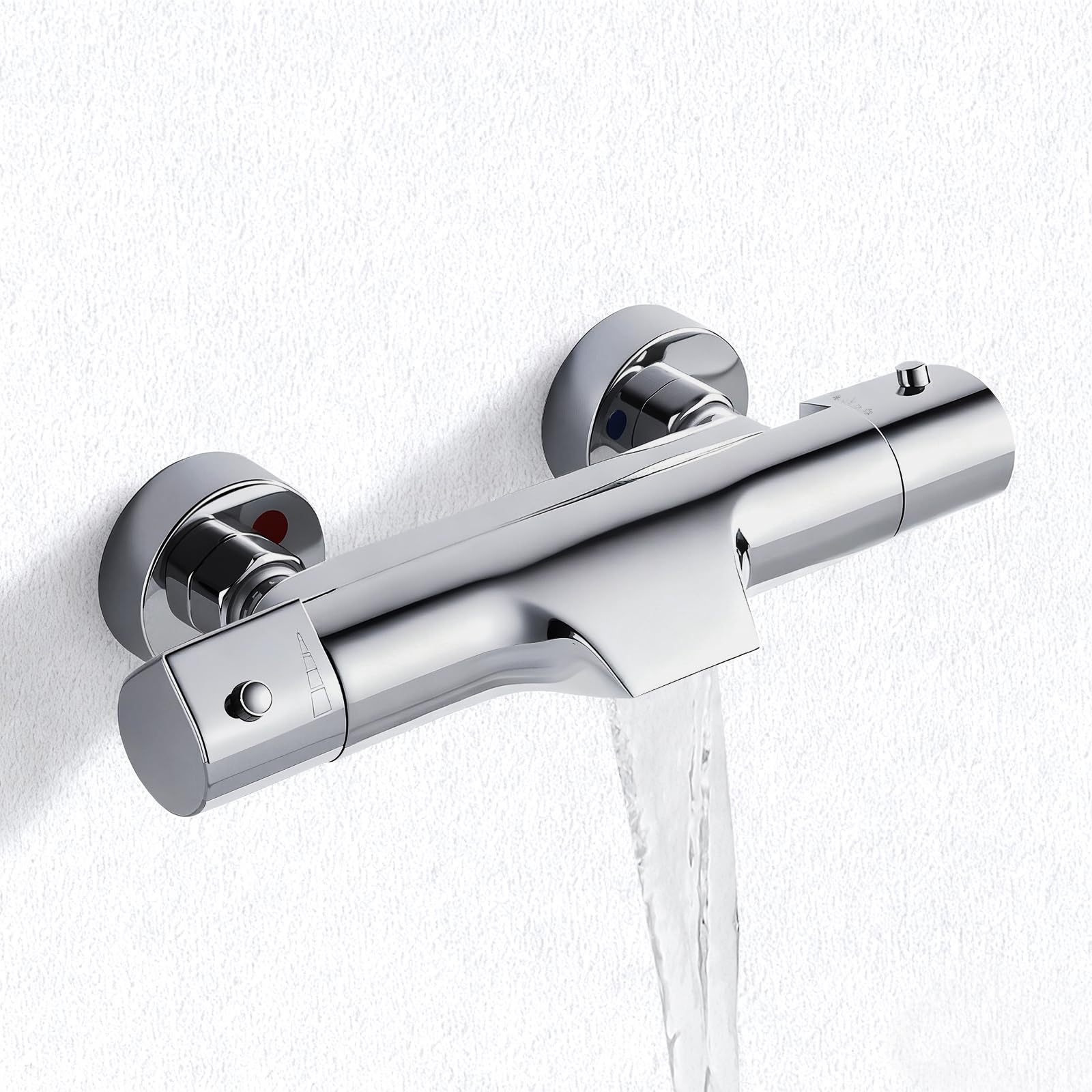 Solepearl Wasserfall Badewannen-Duscharmatur Thermostat Chrom. Breiter Wasserfall-Auslauf, zwei Drehgriffe, hochglänzend. Reguliert Temperatur und Fluss für Wanne & Dusche.