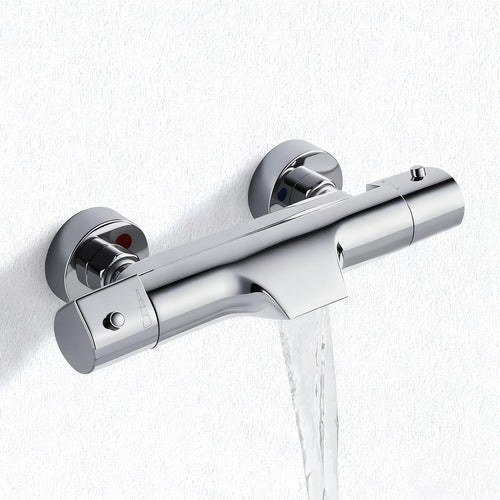 Solepearl Wasserfall Badewannen-Duscharmatur Thermostat Chrom. Breiter Wasserfall-Auslauf, zwei Drehgriffe, hochglänzend. Reguliert Temperatur und Fluss für Wanne & Dusche.