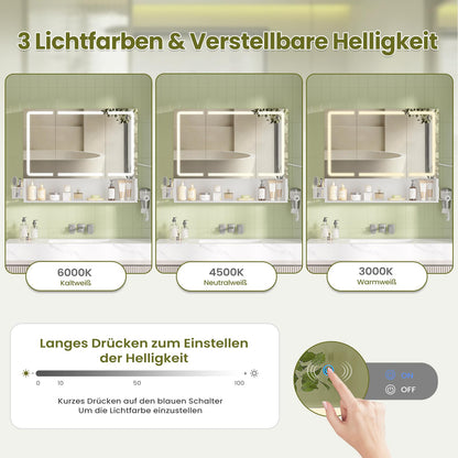 FORABAMB Spiegelschrank mit LED-Beleuchtung, 3 Türen, 80 cm, Weiss