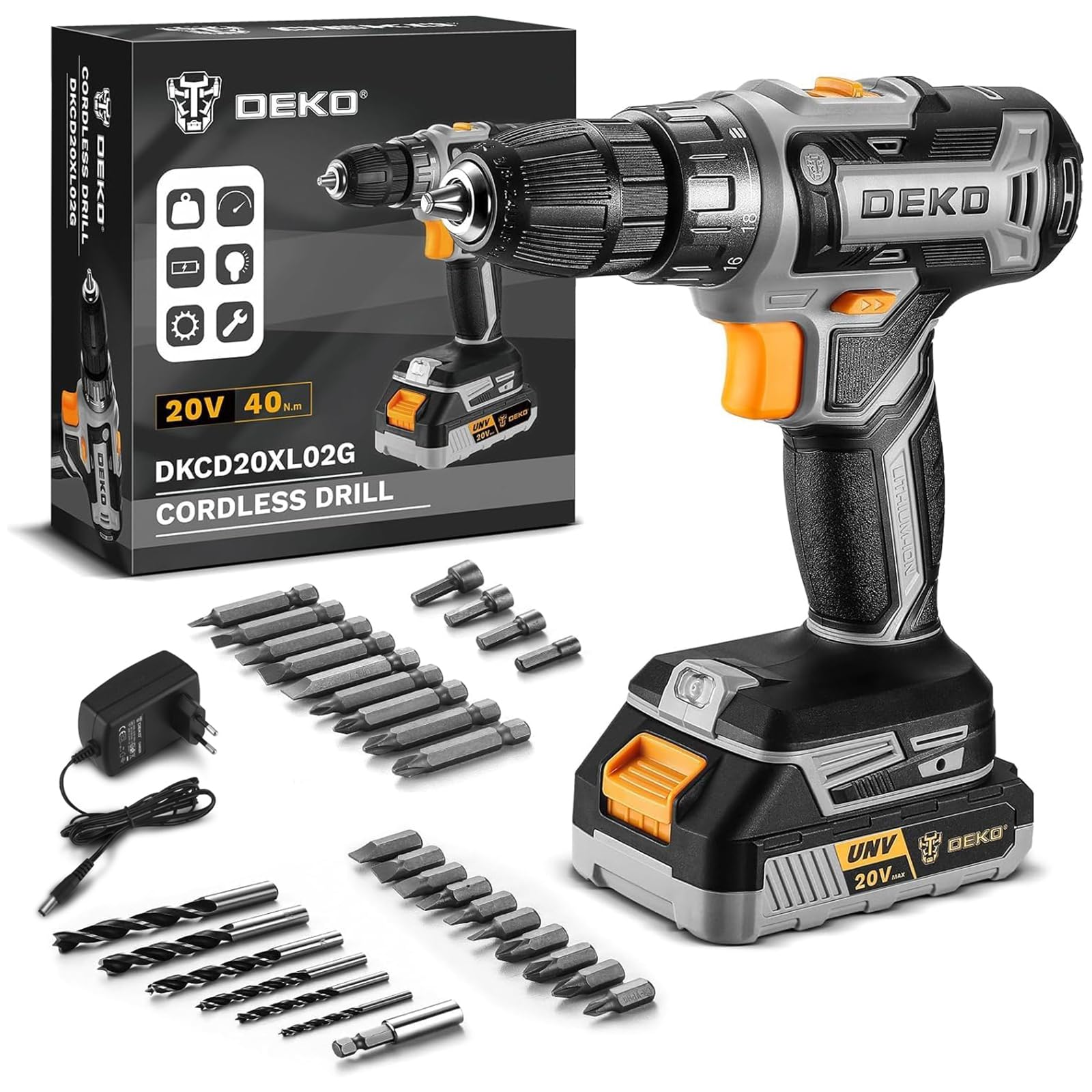 DEKOPRO Akku-Bohrmaschine 20 V Set mit Akku, Ladegerät und Zubehör – Akku-Bohrschrauber mit gummiertem Griff und LED