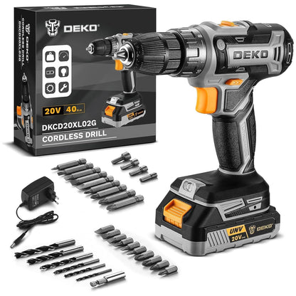DEKOPRO Akku-Bohrmaschine 20 V Set mit Akku, Ladegerät und Zubehör – Akku-Bohrschrauber mit gummiertem Griff und LED