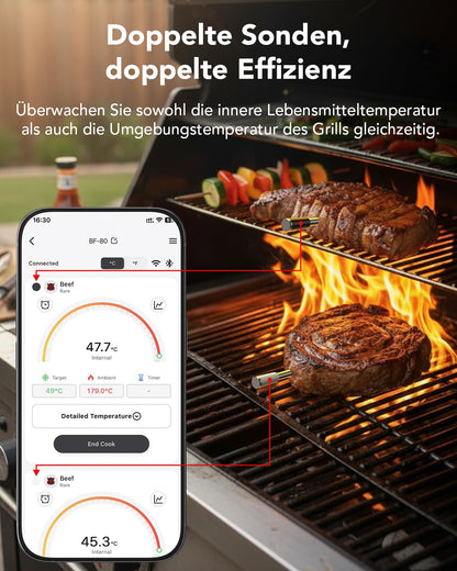 BFOUR BF-80 Fleischthermometer kabellos mit Bluetooth, WLAN, 2 Sonden